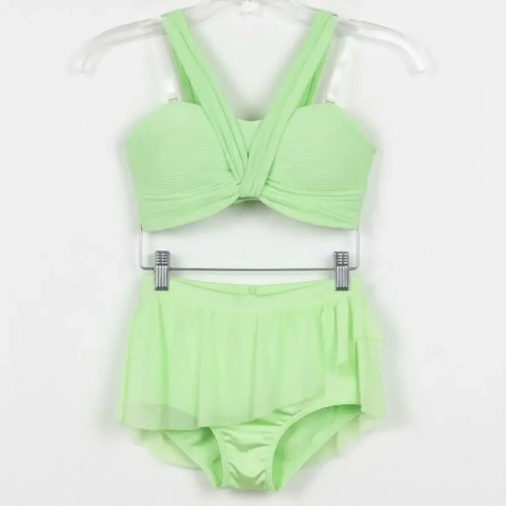 Double Platinum SET Lime Green Ribbed Knot Halter Dance top and Skirted brief AM